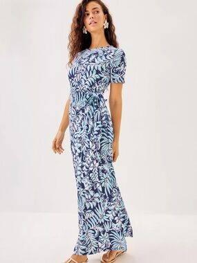 NWT Lilly Pulitzer Blue Floral Chace Slit Maxi Dress Size XS